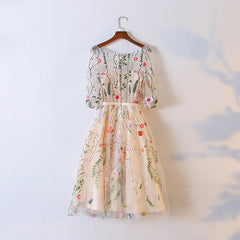 Light Champagne Knee Length Floral Party Dress, Cute Homecoming Dress