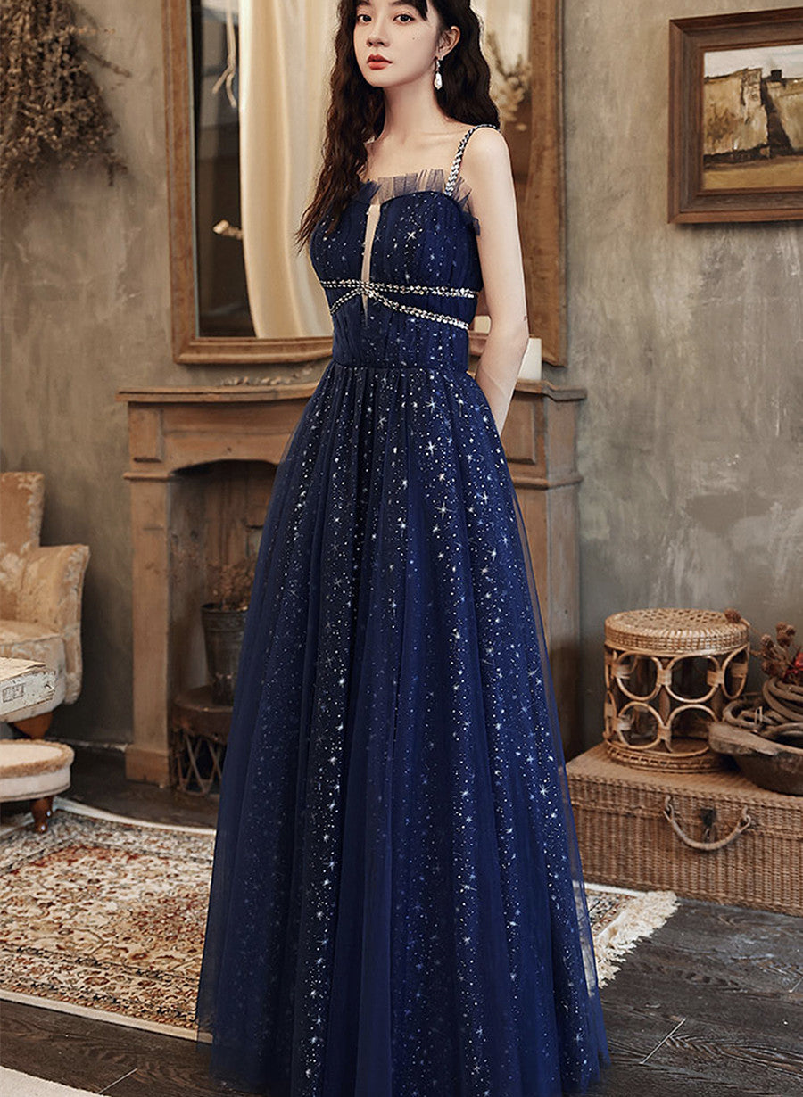 Navy Blue Tulle Straps Beaded Long Formal Dress, A-line Blue Evening Dress