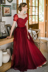 Burgundy Tulle Long Prom Dress with Sequins, A-Line Formal Evening Dress