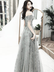 Grey Off Shoulder A-line Tulle with Lace Long Party Dress, Grey Evening Dresses Prom Dress