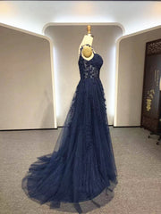 Navy Blue A-line Tulle with Lace Prom Dress, Navy Blue Long Party Dress