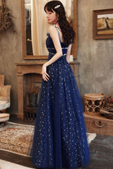 Navy Blue Tulle Straps Beaded Long Formal Dress, A-line Blue Evening Dress