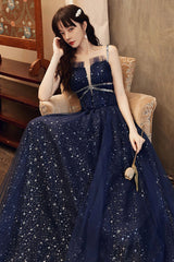 Navy Blue Tulle Straps Beaded Long Formal Dress, A-line Blue Evening Dress