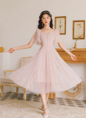 Pink Cute Tea Length Tulle Wedding Party Dress, Pink Soft Tulle Prom Dress