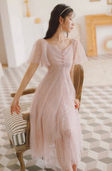 Lovely Pink Tulle V-neckline Puffy Sleeves Party Dress, Pink Short Prom Dress