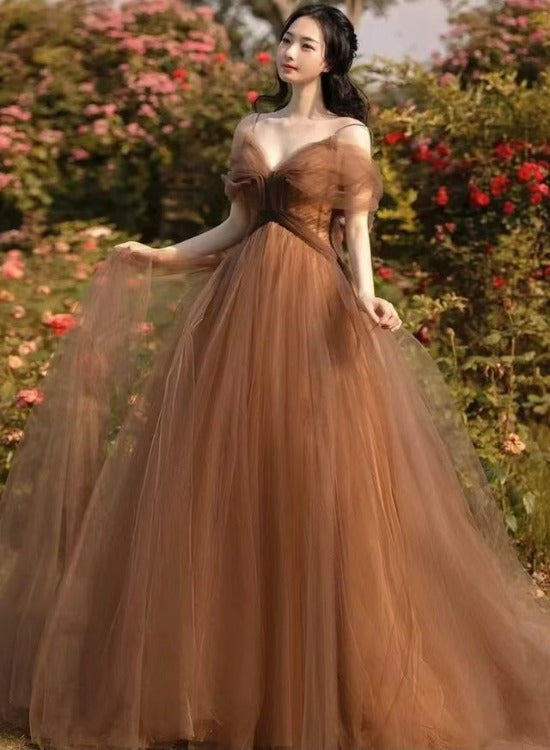 Beautiful Champagne Tulle Straps Long Formal Gown, Tulle Party Dresses Evening Dresses