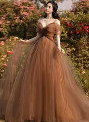 Beautiful Champagne Tulle Straps Long Formal Gown, Tulle Party Dresses Evening Dresses