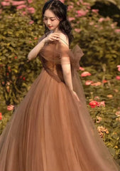 Beautiful Champagne Tulle Straps Long Formal Gown, Tulle Party Dresses Evening Dresses