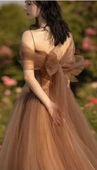 Beautiful Champagne Tulle Straps Long Formal Gown, Tulle Party Dresses Evening Dresses