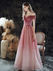 Pink Sweetheart Shiny Tulle Gradient Formal Dress, Pink A-line Prom Dress