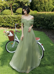 Lovely Green Tulle Long Bridesmaid Dress Party Dress, Green Off Shoulder Party Dress