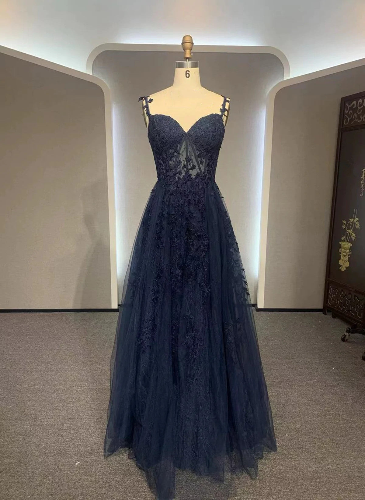 Navy Blue A-line Tulle with Lace Prom Dress, Navy Blue Long Party Dress
