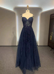 Navy Blue A-line Tulle with Lace Prom Dress, Navy Blue Long Party Dress