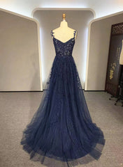 Navy Blue A-line Tulle with Lace Prom Dress, Navy Blue Long Party Dress