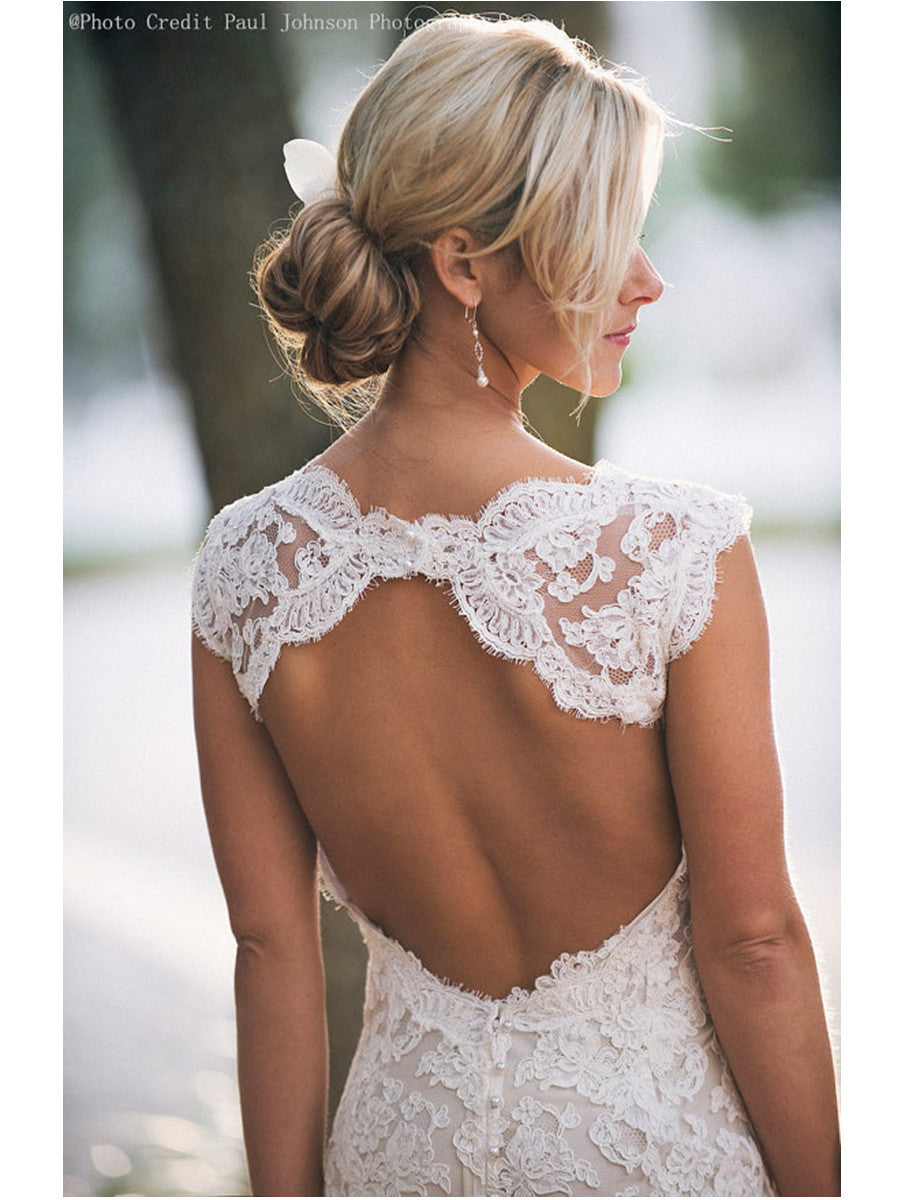 Custom Made A Line Backless V Neck Lace Ivory Wedding Dress, Lace Bridal Dress,Lace Wedding Prom Gown