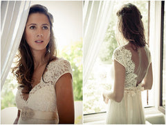 A Line V Neck Cap Sleeves Backless Ivory Lace Wedding Dresses, Bridal Dresses, Lace Prom Dresses
