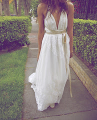 A Line Halter Neck Backless Lace Wedding Dresses, Backless White Lace Prom Dress