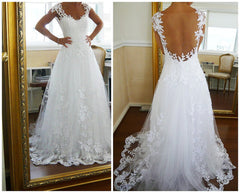 Long Ball Gown Backless White Lace Wedding Dresses, Prom Dress, Formal Dresses, Backless Lace Bridal Dress