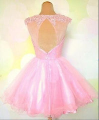 Round Neck Pink Short Lace Prom Dress, Pink Lace Homecoming/Bridesmaid/Graduation Dress