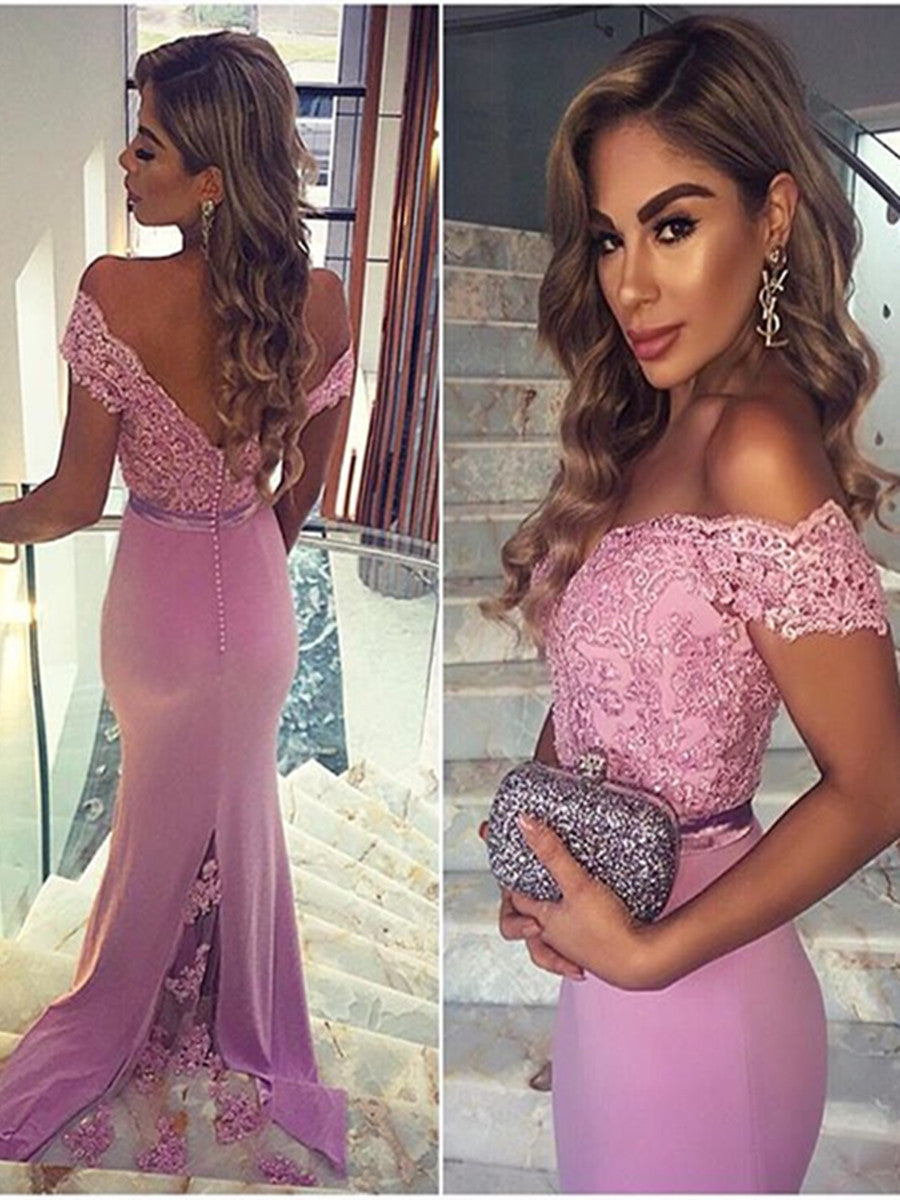 Custom Made Off Shoulder Mermaid Purple Lace Prom Dresses, Mermaid Lace Formal Dresses, Off Shoulder Bridesmaid Dresses
