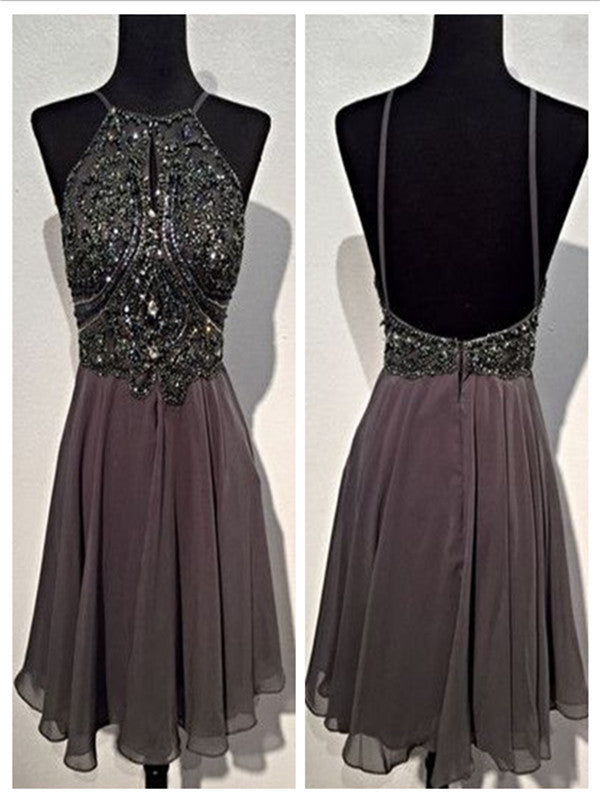 A Line Round Neck Short Grey Backless Prom Dress, Short Grey Backless Formal Dress, Homecoming Dress, Graduation Dress