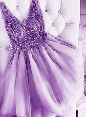 Light Purple Beaded V-neckline Tulle Short Homecoming Dress, Tulle Short Prom Dress