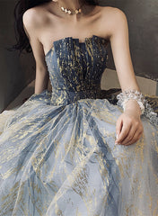 Blue Tulle Gradient A-line Long Ball Gown Dress, Blue A Line Prom Dress