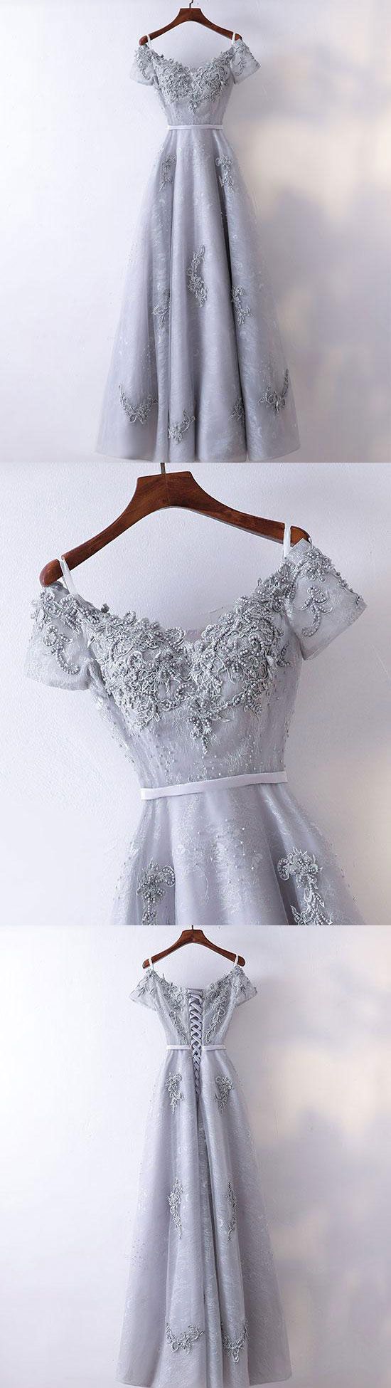 Gray V Neck Tule Lace Applique Long Prom -jurk, kanten avondjurk, grijze bruidsmeisje jurk