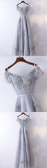 Gray V Neck Tule Lace Applique Long Prom -jurk, kanten avondjurk, grijze bruidsmeisje jurk