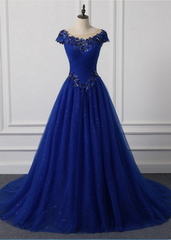 Lange nek Appliqued trouwjurk Royal Blue Wedding Party -jurken