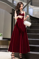 Wine Red Velvet Straps V-neckline Party Dress, Long Burgundy Prom Dress Evening Dress
