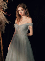 Off Shoulder Sweetheart Tulle Shiny Tulle Long Formal Dress, Floor Length Party Dresses