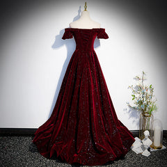 Beautiful Wine Red Off Shoulder Velvet Long Party Dress, A-line Dark Red Prom Dresses