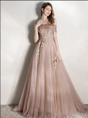 Champagne Off Shoulder Tulle with Lace Long Formal Dress, Tulle Evening Gown