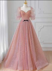 Pink Tulle Beautiful Puffy Sleeves Long Prom Dress, Pink A-line Evening Dresses
