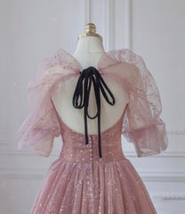 Pink Tulle Beautiful Puffy Sleeves Long Prom Dress, Pink A-line Evening Dresses