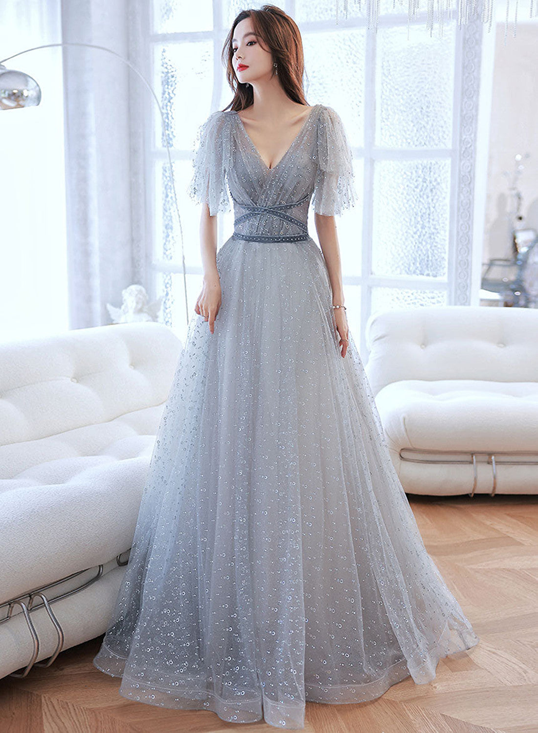 Light Grey A-line Tulle Long Evening Dress Prom Dress, V-neckline Party Dress