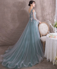 Cute Green and Blue Tulle Puffy Sleeves with Flower Party Dress, Long Wedding Party Dress