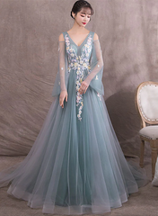 Cute Green and Blue Tulle Puffy Sleeves with Flower Party Dress, Long Wedding Party Dress