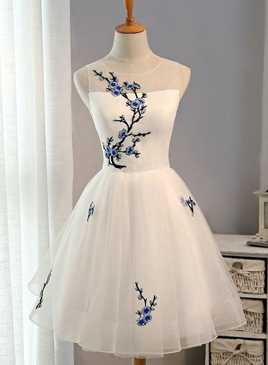 Simple White Tulle Knee Length Party Dress, White Party Dress, Formal Dresses