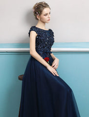 Prom Dresses Long Dark Navy Evening Dress Jewel Open Back Sequin Flowers Beaded Tulle Floor Length Formal Gowns