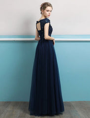 Prom Dresses Long Dark Navy Evening Dress Jewel Open Back Sequin Flowers Beaded Tulle Floor Length Formal Gowns