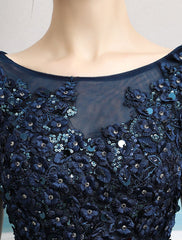 Prom Dresses Long Dark Navy Evening Dress Jewel Open Back Sequin Flowers Beaded Tulle Floor Length Formal Gowns