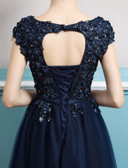 Prom Dresses Long Dark Navy Evening Dress Jewel Open Back Sequin Flowers Beaded Tulle Floor Length Formal Gowns