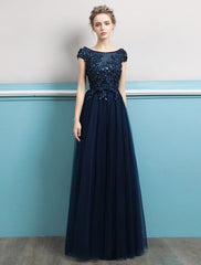 Prom Dresses Long Dark Navy Evening Dress Jewel Open Back Sequin Flowers Beaded Tulle Floor Length Formal Gowns