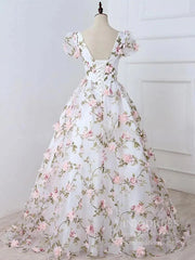 3D Floral Prom Dresses for Teens V-neck Flower Blossom Ball Gowns FD1685