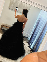 Black Ruffled Tulle Prom Dresses with Slit, Sweetheart neck & 3D Flower - FD3750