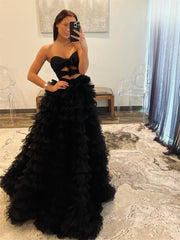 Black Ruffled Tulle Prom Dresses with Slit, Sweetheart neck & 3D Flower - FD3750
