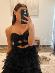 Black Ruffled Tulle Prom Dresses with Slit, Sweetheart neck & 3D Flower - FD3750