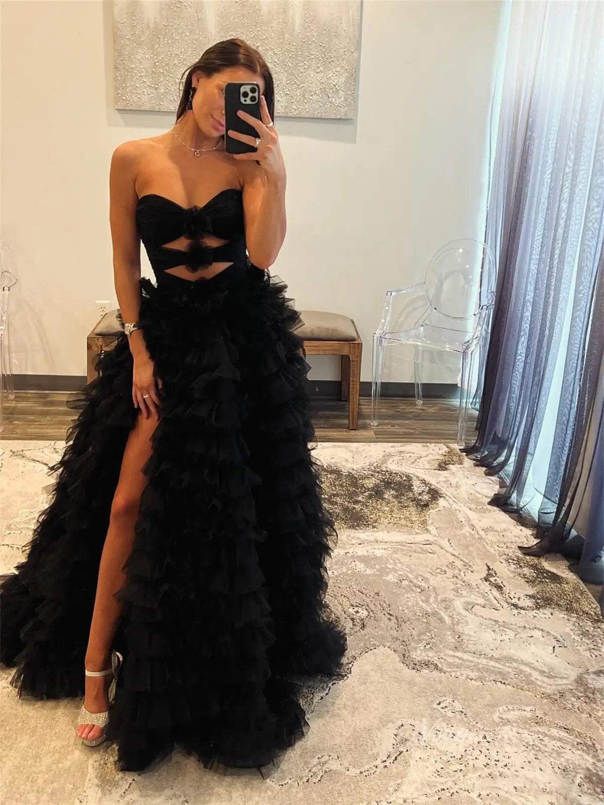 Black Ruffled Tulle Prom Dresses with Slit, Sweetheart neck & 3D Flower - FD3750